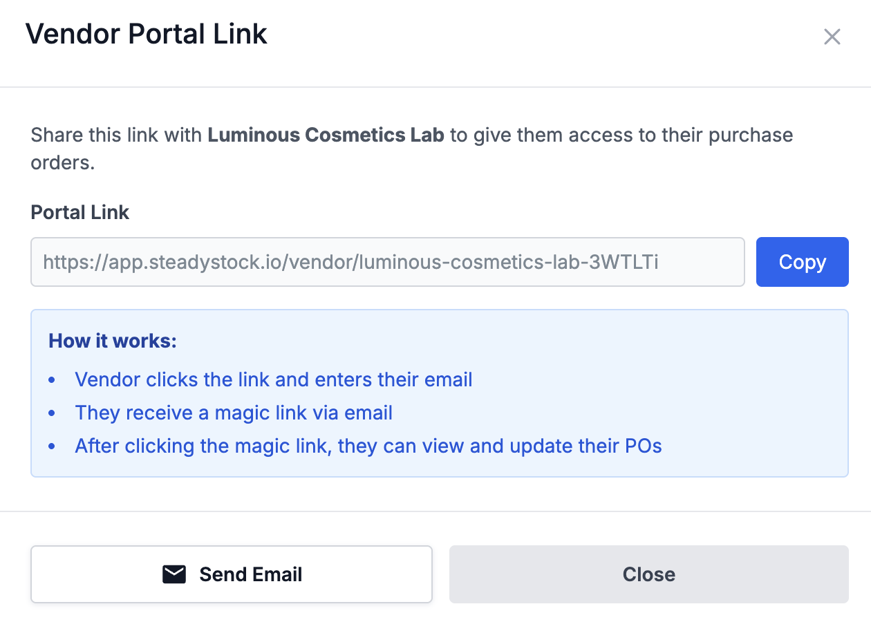 Vendor portal interface with PO status updates and collaboration features